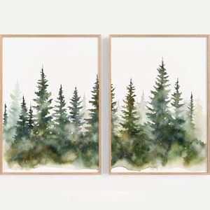 Evergreen Forest Set of 2 Art Prints Abstract Pine Watercolor Painting Large Misty Trees Wall Art