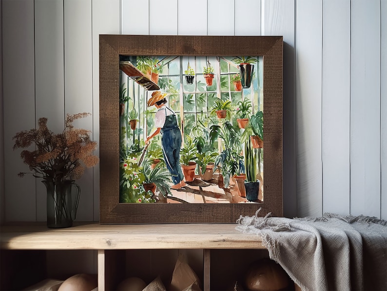 Greenhouse Garden Art Print Gardening Watercolor Painting Woman ...