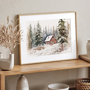 Winter Cabin Print Snow Scene Watercolor Painting Snowy Forest Wall Art ...