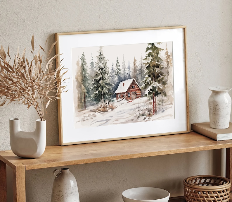 Winter Cabin Print Snow Scene Watercolor Painting Snowy Forest Wall Art ...