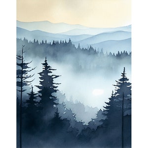 Blue Ridge Painting Mountains Watercolor Art Print Misty Forest Wall Art Indigo Landscape Print Pine Tree Artwork