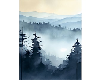 Blue Ridge Painting Mountains Stampa artistica ad acquerello Stampa murale di foresta nebbiosa Stampa di paesaggio indaco Opera d'arte di pino