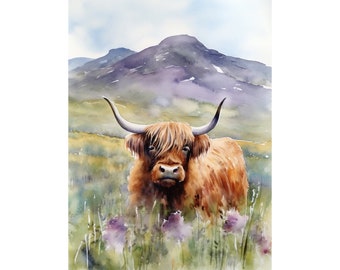 May include: A watercolor painting of a Highland cow standing in a field of purple wildflowers. The cow is brown and has long, shaggy hair. The background is a hazy, purple mountain range.