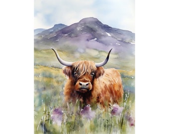 Highland Cow Painting Scotland Watercolor Art Print Isle of Skye Landscape Mountain And Thistle Field Wall Art