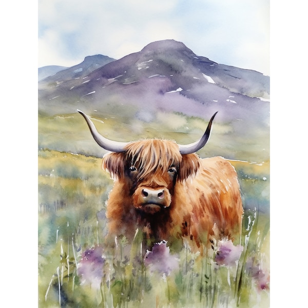 Vache Highland, peinture Ecosse, impression d'art aquarelle, île de Skye, paysage montagne et champ de chardon, art mural