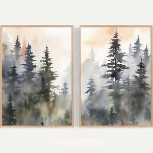 Pine Tree Wall Art Set Of 2 Forest Watercolor Painting Evergreen Tree Print Green Brown Wall Decor Pines Artwork