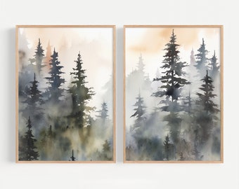Pine Tree Wall Art Set Of 2 Forest Watercolor Painting Evergreen Tree Print Green Brown Wall Decor Pines Artwork