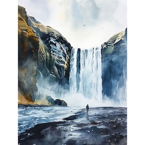 アイスランド絵画 スコガフォスの滝 水彩画 アートプリント アイスランドの壁アート スカンジナビアの風景プリント 北欧ポスター
