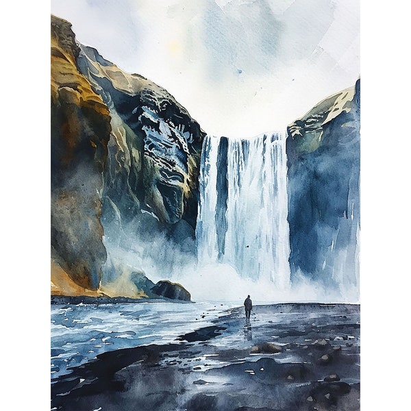 Islande, peinture cascade de Skogafoss, impression d'art aquarelle, art mural islandais, impression de paysage scandinave, affiche nordique