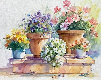 Potted Flowers Watercolor Print On Paper Garden Planter Floral Still Life Soft Cottage Wall Art Decor For Living Room Kitchen