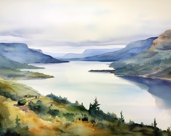 Columbia Gorge Watercolor Art Print Mountain River Landscape