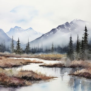 Jackson Hole Watercolor Painting Snake River Art Print Mountain River Landscape Wyoming Pine Forest Wall Art Misty River Artwork