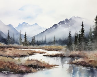 Jackson Hole Watercolor Painting Snake River Art Print Mountain River Landscape Wyoming Pine Forest Wall Art Misty River Artwork