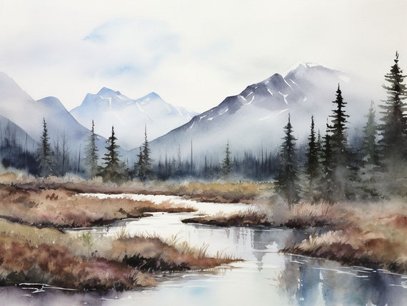 Jackson Hole Watercolor Painting Snake River Art Print Mountain River Landscape Wyoming Pine Forest Wall Art Misty River Artwork