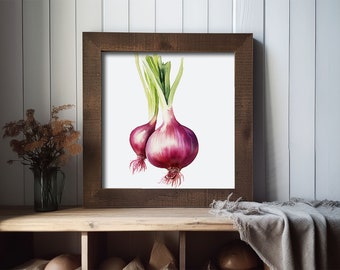玉ねぎの絵 野菜 水彩画 植物アートプリント モダンファームハウス