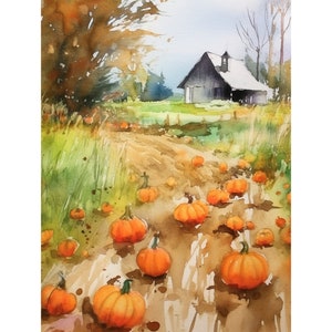 Pumpkin Patch Painting Asheville Farm Landscape Watercolor Autumn North Carolina Wall Art Farmhouse Art Print