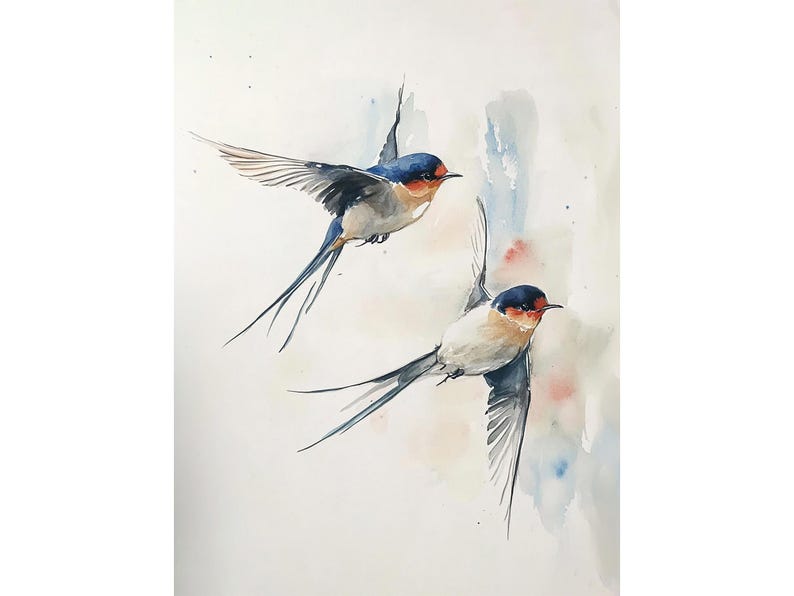 May include: Watercolor painting of two blue and white swallows in flight against a light blue and white background.