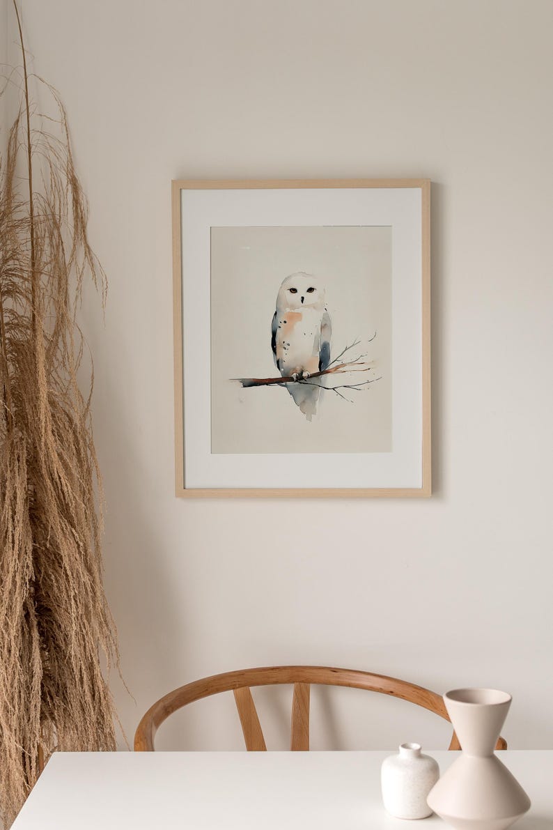 Snowy Owl Watercolor Print Minimal Winter Bird Wall Art Neutral Nordic ...