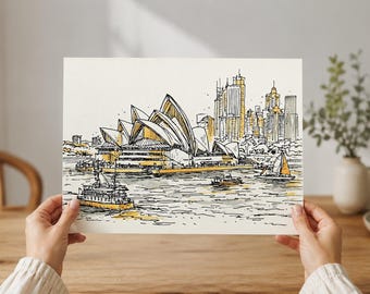 May include: A black ink and yellow watercolor sketch of the Sydney Opera House and city skyline. The drawing features the iconic building structure, surrounding harbor water with boats, and tall skyscrapers in the background on a white paper.