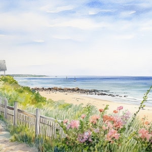 Peinture de Cape Cod, impression d'art de scène de plage, art mural de bord de mer, décoration de maison de plage, oeuvre de fleurs sauvages
