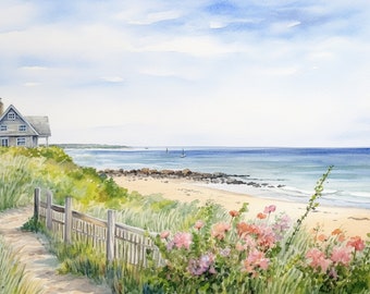 Cape Cod pittura scena di spiaggia stampa artistica mare parete arte spiaggia casa arredamento fiori di campo opera d'arte