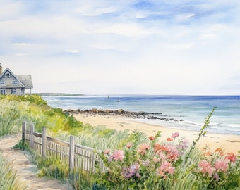 Cape Cod Painting Beach Scene Art Print Seaside Wall Art Beach House Decor Wildflowers Artwork