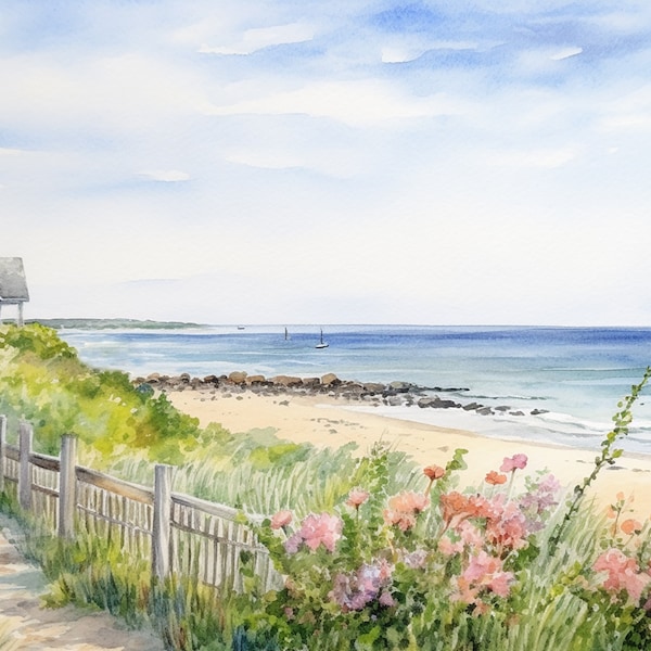 Cape Cod Painting Beach Scene Art Print Seaside Wall Art Beach House Decor Wildflowers Artwork