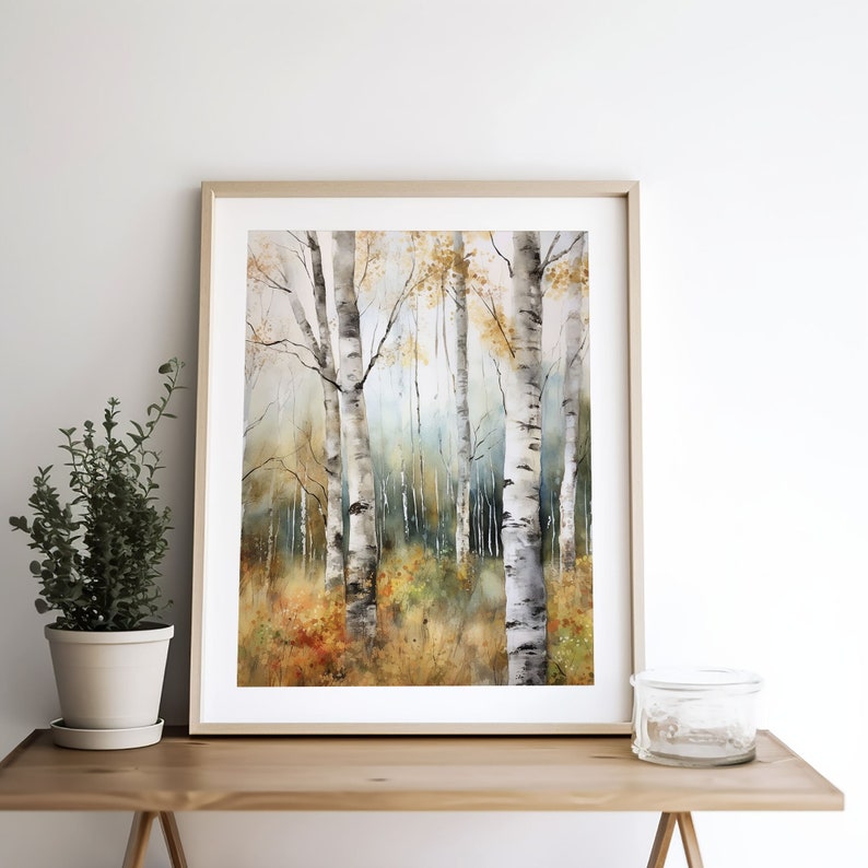 Birch Forest Art Print Autumn Aspen Trees Wall Art Birches Watercolor ...