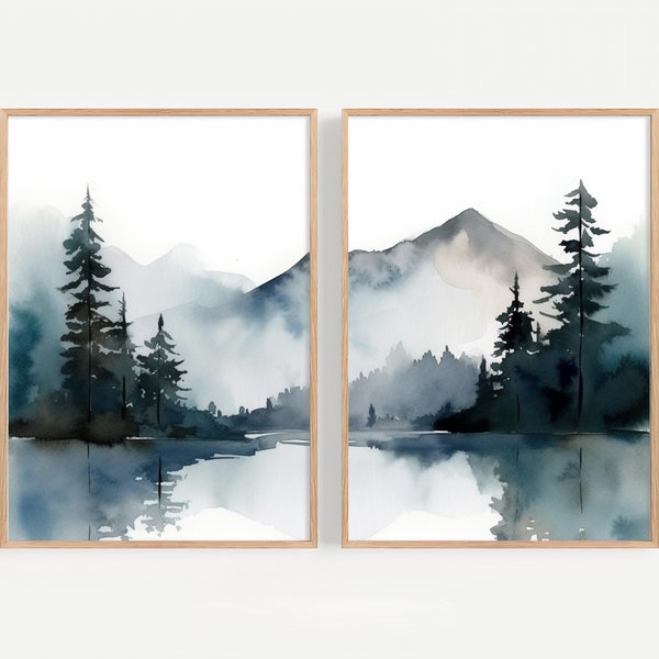 Payette Lake Watercolor Set of 2 Art Prints Idaho Landscape Mountain Forest Painting Indigo Artwork