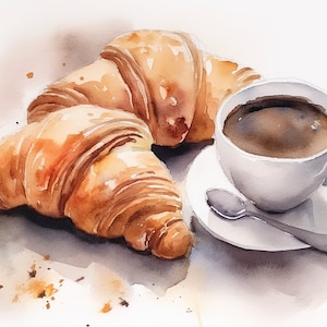 Französisches Frühstück Art Kaffee und Croissant Aquarell Kunstdruck Food Illustrarion Cappuccino Tasse Wand Kunst Küche Poster