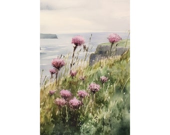 Impresión artística de los acantilados de Moher, impresión de acuarela de la Isla Esmeralda, arte mural de cardo, paisaje costero irlandés, decoración de pared de Irlanda