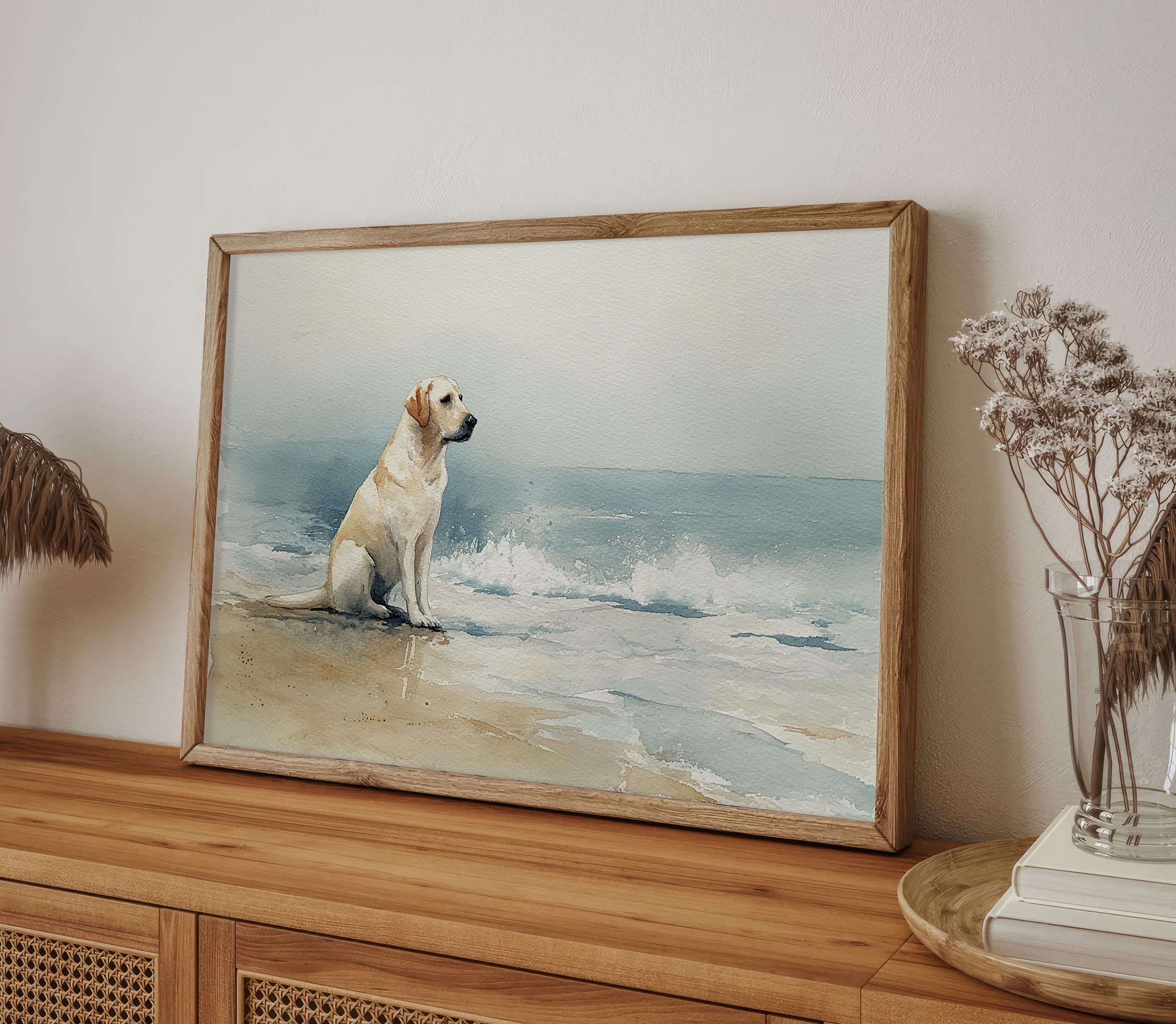 ビーチのラブラドール犬 水彩画プリント 紙に描かれた穏やかな海岸の
