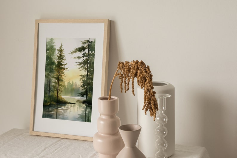 Forest Lake Watercolor Art Acadia Painting Eagle Lake Art Print Abstract Landscape Pine Forest Wall Art Log House Decor image 6