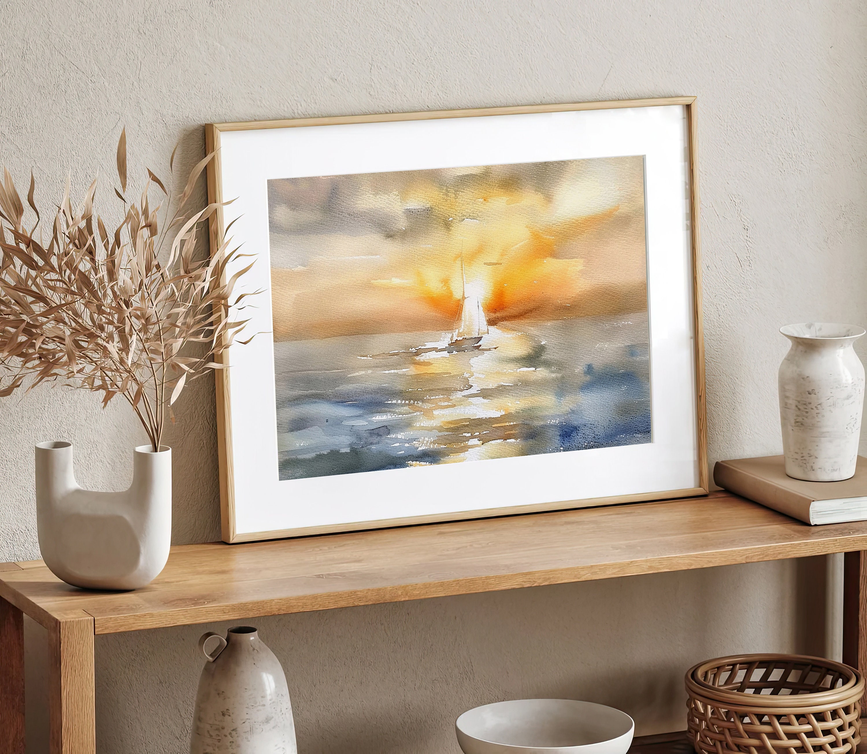 帆船アートプリント 水彩画 夕焼け ウォールアート サンディエゴ