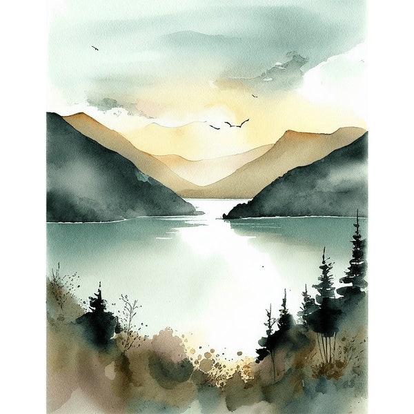 Colorado Painting Mountain Lake Art Print From Original Watercolor Pine Trees Landscape Sunset Sky Wall Art