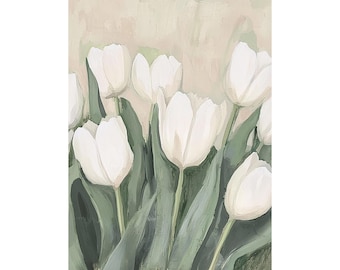 Białe tulipany, obraz akwarelowy z motywem kwiatowym, wydruk ścienny z motywem tulipanów, kwiaty, wydruk botaniczny, dekoracja ścienna
