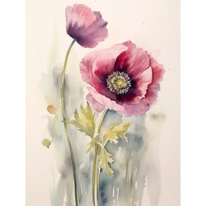 ポピー水彩画アートプリント ピンクのポピーの絵画 ニュートラルピンクの花柄ポスター 花 素朴な壁飾り