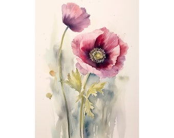 Poppy Watercolor Art Print Pink Poppies Painting Neutral Pink Floral Poster Flower Rustic Wall Decor