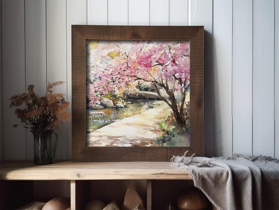Kyoto Cherry Blossom Landscape Watercolor Painting Spring Scene