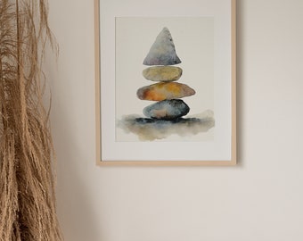 バランスのとれた石の絵画 積み重ねられた石 水彩画 アートプリント 禅