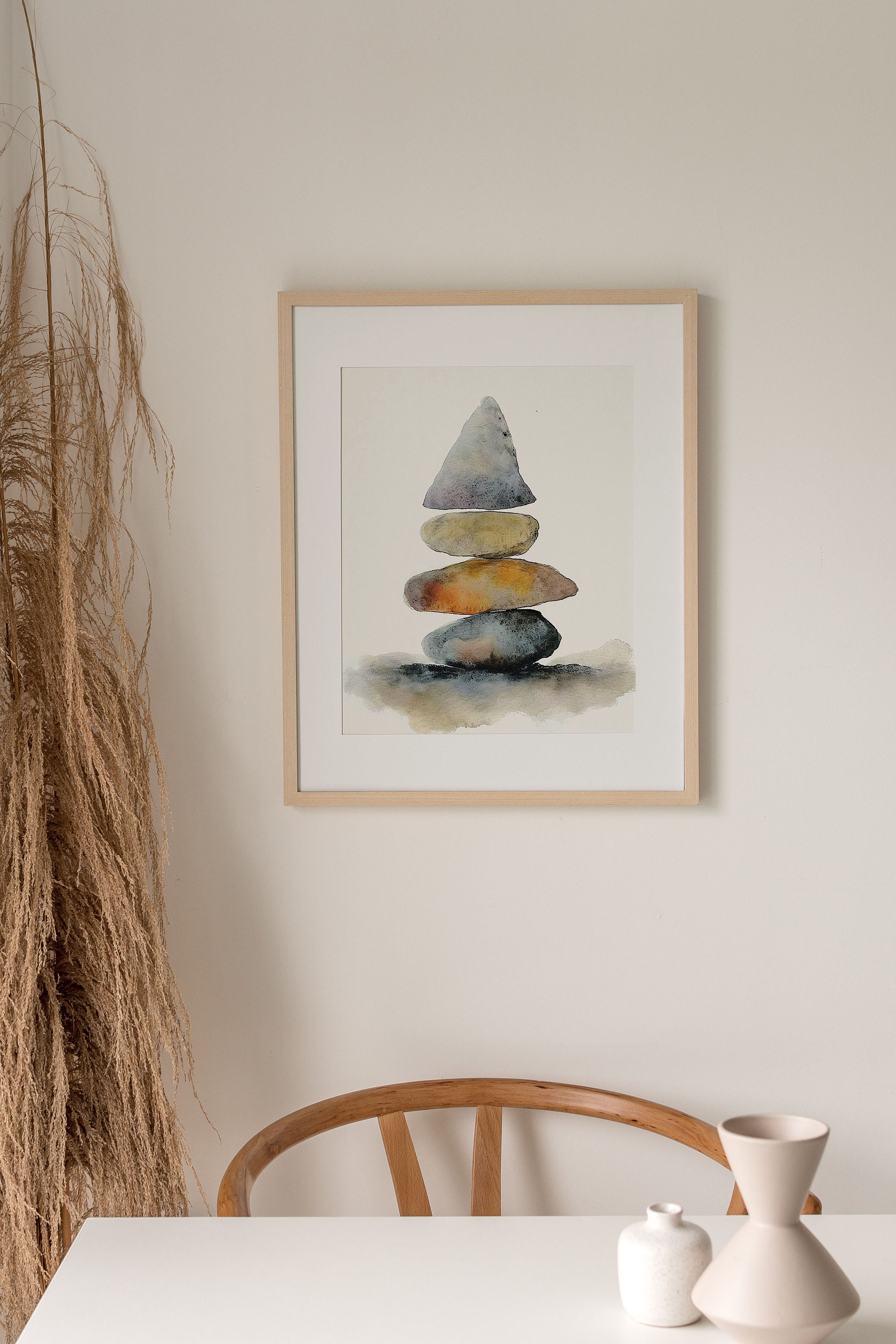 バランスのとれた石の絵画 積み重ねられた石 水彩画 アートプリント 禅