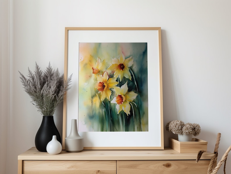 Daffodil Painting Floral Watercolor Art Print Farmhouse Wall Art Spring Flowers Poster Landscape Print