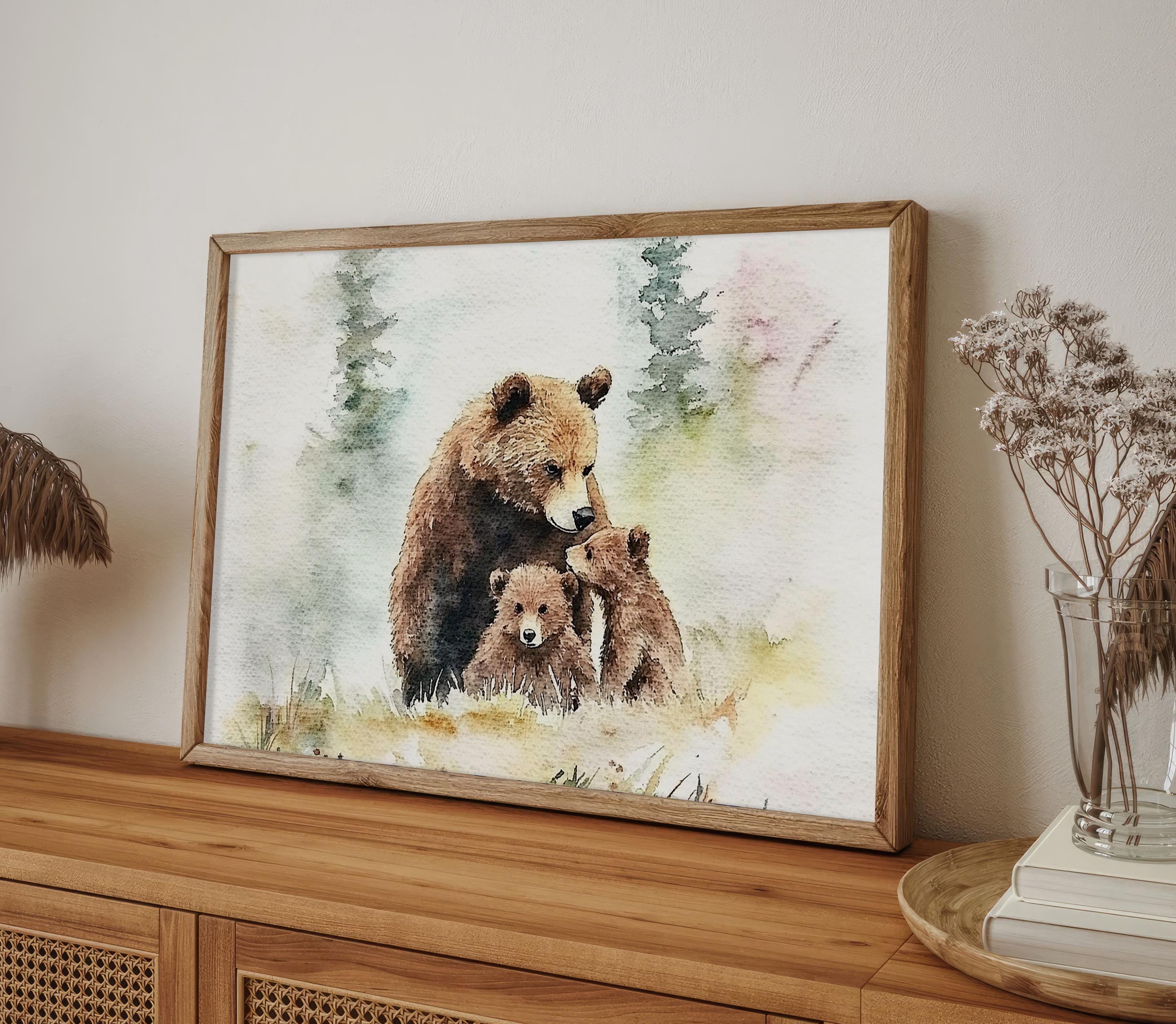 原画 『 異世界散歩 』アクリル水彩画 絵画 くま 熊 イラスト アート ヒグマの絵画 ママと赤ちゃん 水彩画 アートプリント 動物の壁アート
