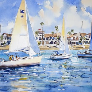 Impression aquarelle de l'île Balboa, peinture de plage de Newport, voiliers, art mural, impression côtière de Californie, décoration de maison de plage