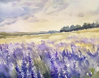 Lavender Painting Tuscany Watercolor Art Print Italian Landscape Wall Art Neutral Beige Purple Print