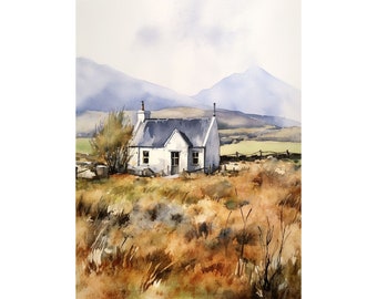 Irish Thatched Cottage Painting Cashel Watercolor Art Print Ireland Landscape Irish Mountain Wall Art County Tipperary Art