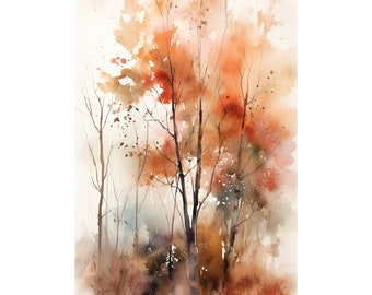 May include: Watercolor painting of a forest scene with trees in shades of orange, brown, and white. The trees are bare and the background is a soft, muted blue.
