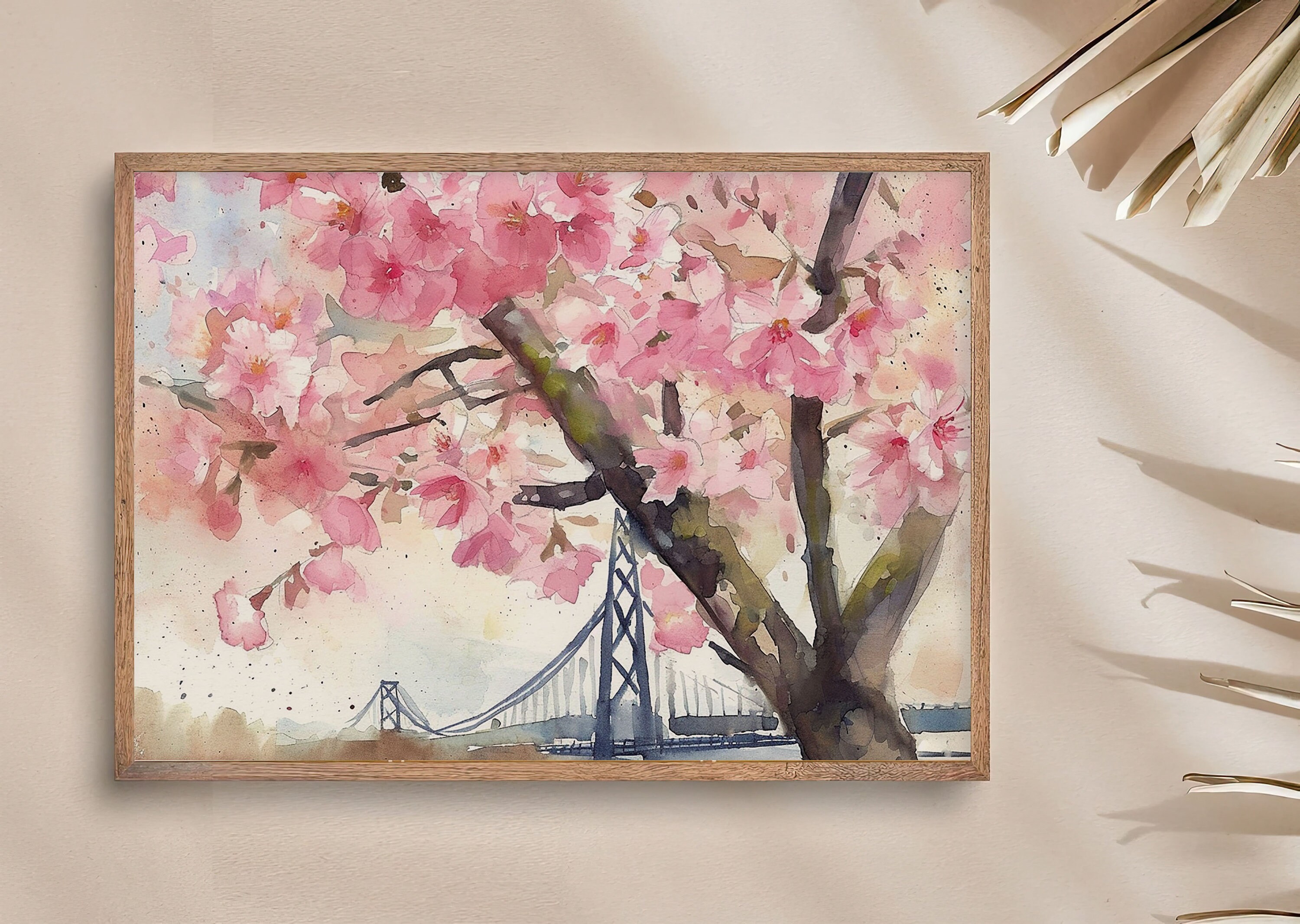 サンフランシスコベイブリッジの桜の水彩画、ソフトピンクのパステル