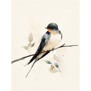 Op de afbeelding: Aquarel schilderij van een zwaluw die op een tak zit. De vogel heeft een donkerblauwe kop, grijze vleugels en een witte borst. De tak en bladeren zijn geschilderd in gedempte tinten tegen een crèmekleurige achtergrond.