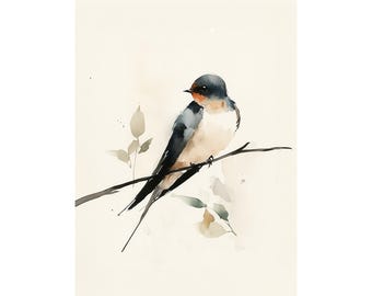 Barn Swallow Watercolor Print Farmhouse Bird Wall Art Cottagecore Nature Painting Rustic Nursery Decor Bird Watcher Gift Neutral Home